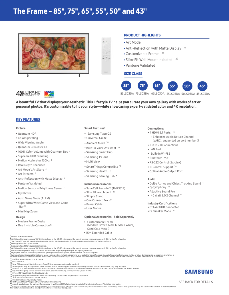 Page 1 de la notice Fiche technique Samsung QN43LS03DAF