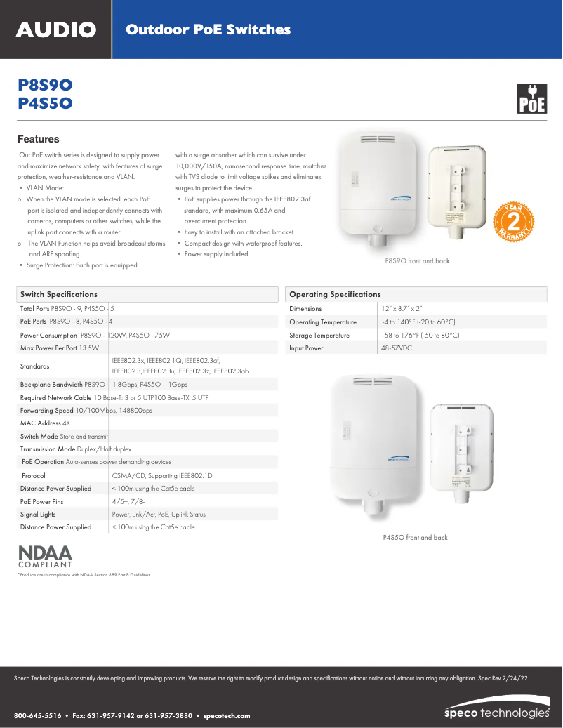 Page n°1 - Fiche technique Speco Technologies P4S5O