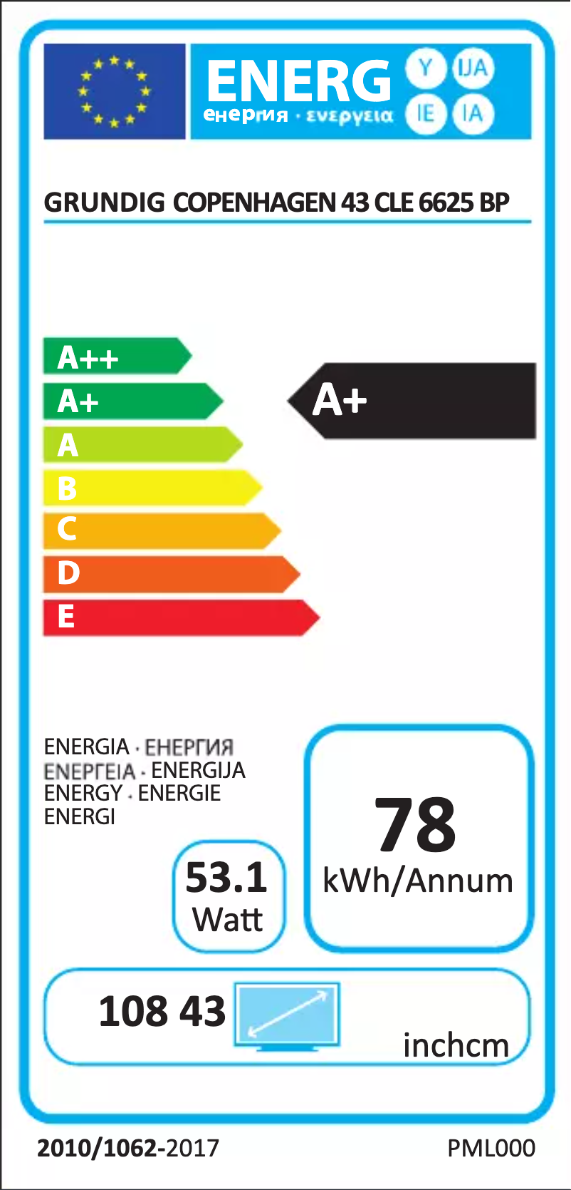Page n°1 - Label énergétique Grundig Copenhagen 43 CLE 6625 BP