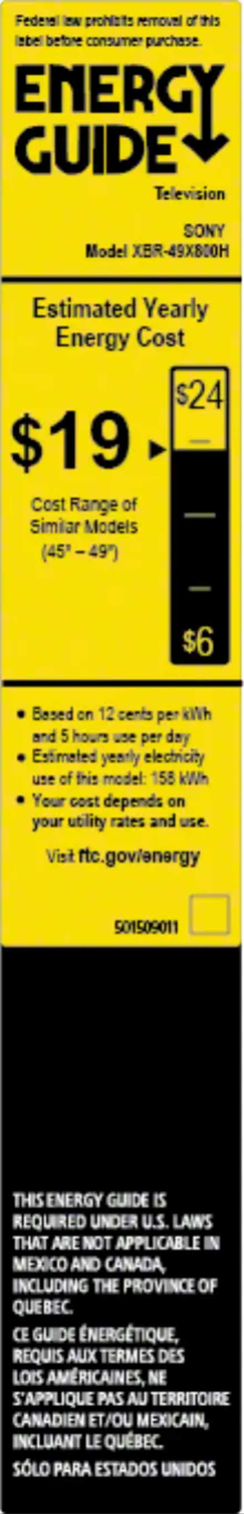 Page 1 de la notice Label énergétique Sony XBR49X950H