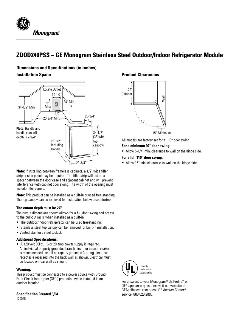First page image of the manual for ZDOD240PSS