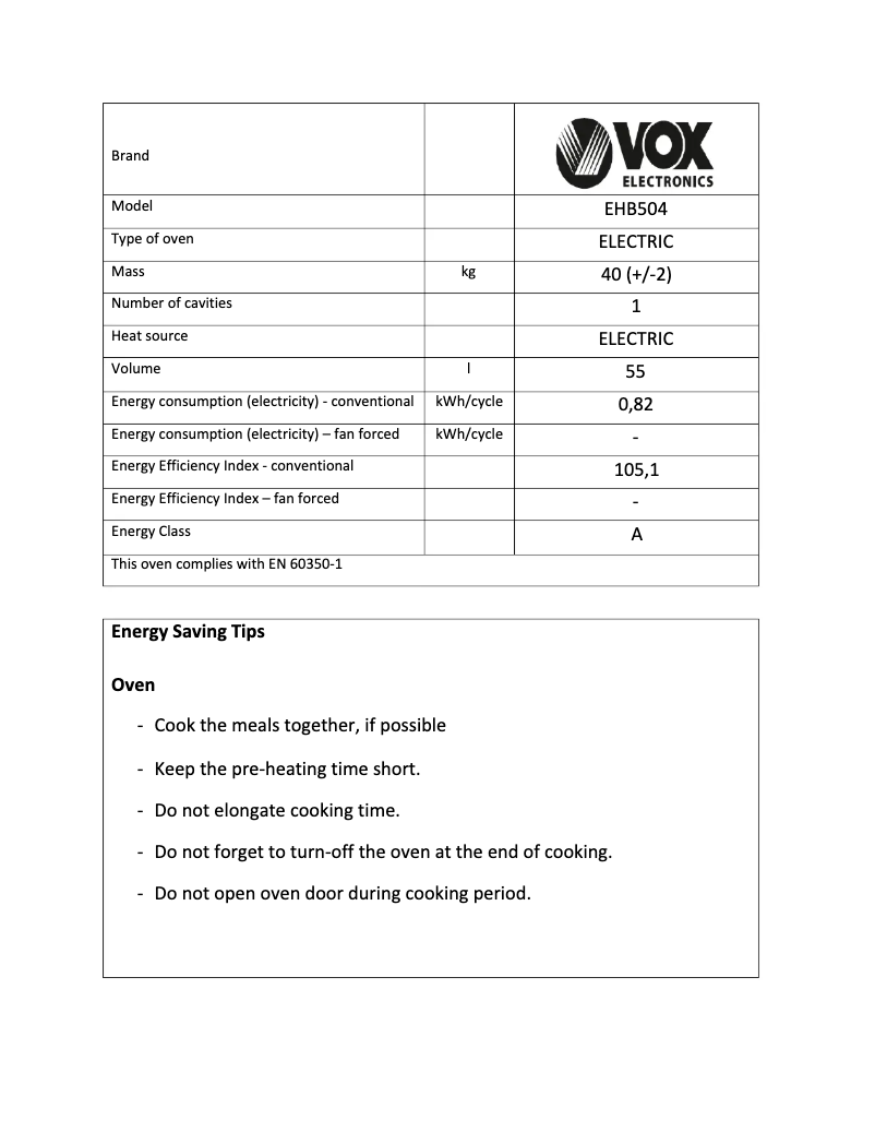 Page 1 de la notice Manuel utilisateur VOX EHB504