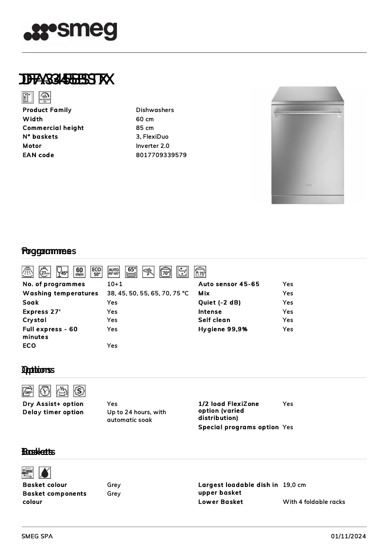 Page 1 de la notice Fiche technique Smeg DFA345BSTX