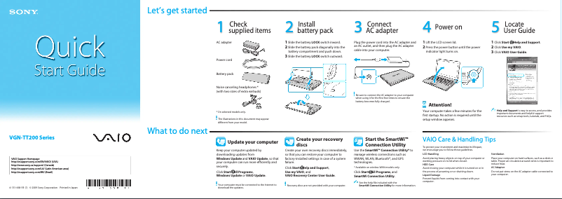 Page n°1 - Guide d'installation Sony Vaio VGN-TT250N
