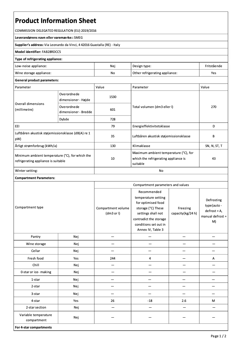 Page 1 de la notice Fiche technique Smeg FAB28RDCC5