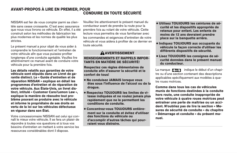 Page 1 de la notice Manuel utilisateur Nissan Pathfinder (2009)