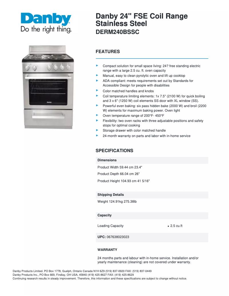 Page 1 de la notice Fiche technique Danby DERM240BSSC