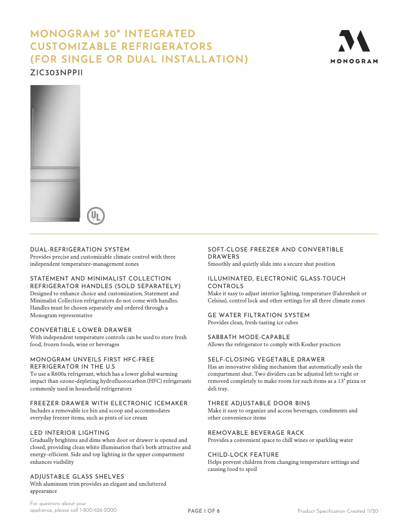Page n°1 - Fiche technique Monogram ZIC303NPPII