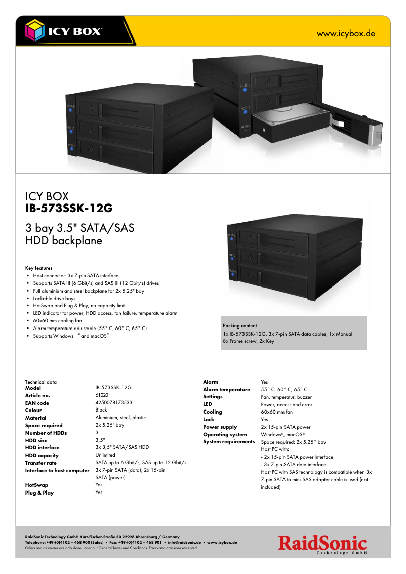 Page 1 de la notice Fiche technique Icy Box IB-573SSK-12G