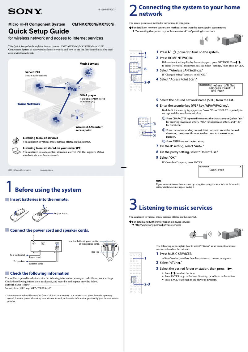 Page n°1 - Guide d'installation Sony CMT-MX700Ni