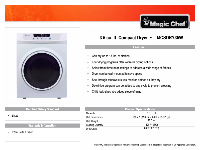 Page 1 de la notice Fiche technique Magic Chef MCSDRY35