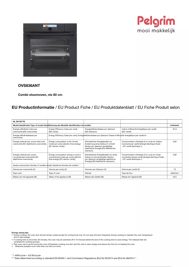 Page 1 de la notice Fiche technique Pelgrim OVS836ANT