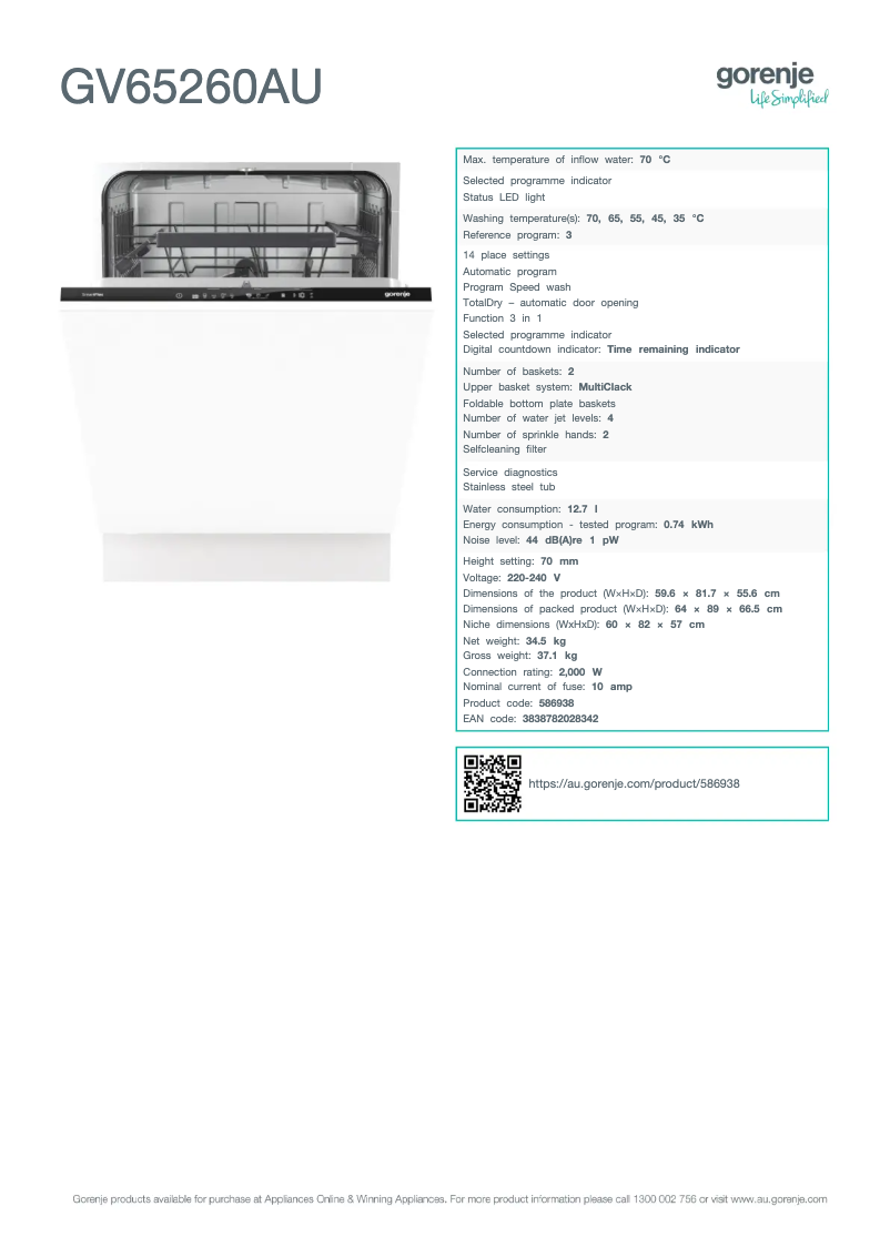Page n°1 - Fiche technique Gorenje GV65260AU