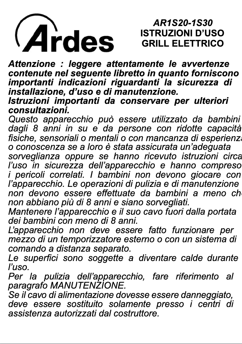 Page n°1 - Manuel utilisateur Ardes Sfizio Maxi AR1S30