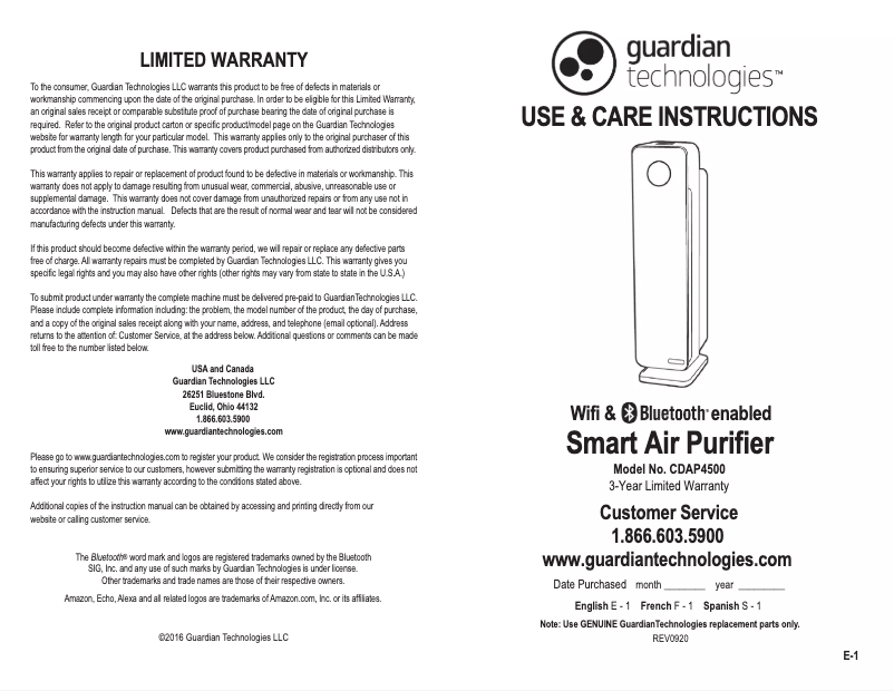 Page n°1 - Manuel utilisateur GermGuardian CDAP4500