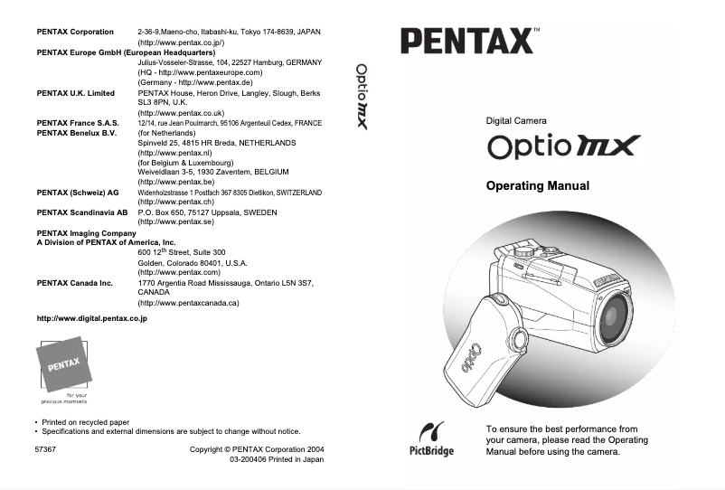 Image de la première page du manuel de l'appareil Optio MX