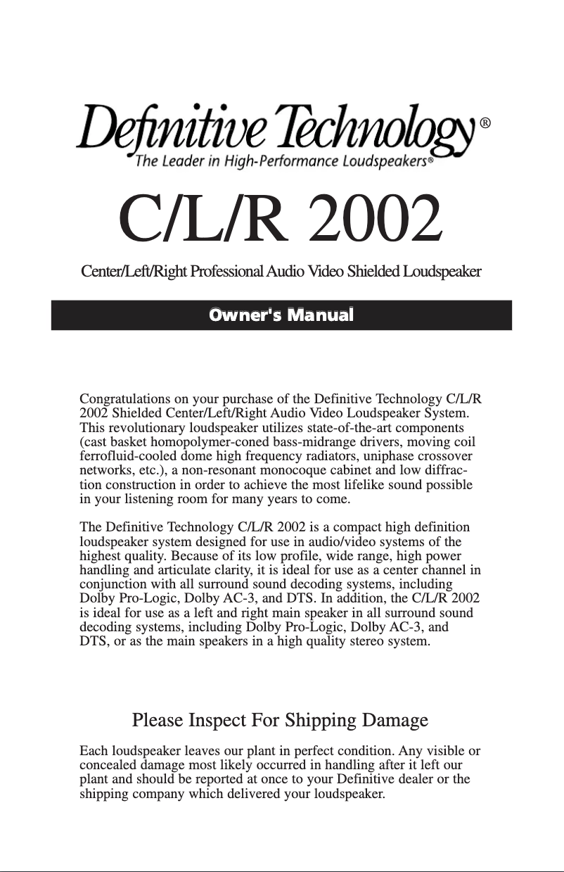 Page 1 de la notice Manuel utilisateur Definitive Technology C/L/R2002