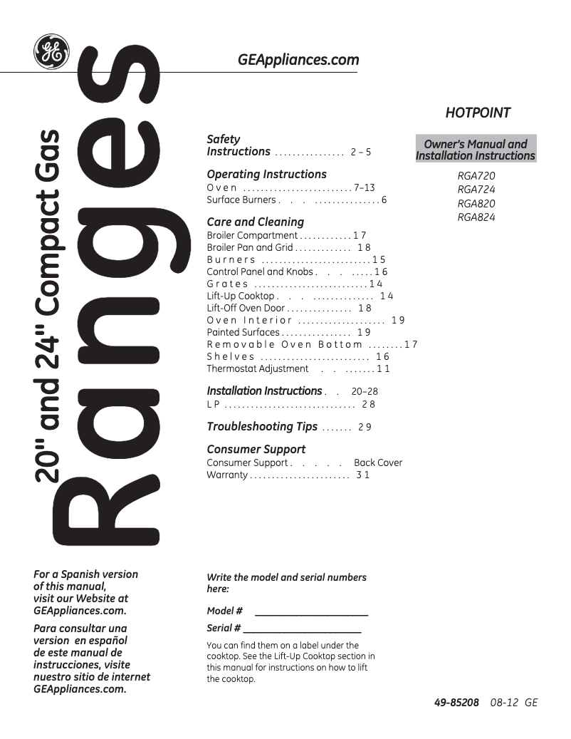 Page 1 de la notice Manuel d'utilisation et d'entretien Hotpoint RGA720EKWH