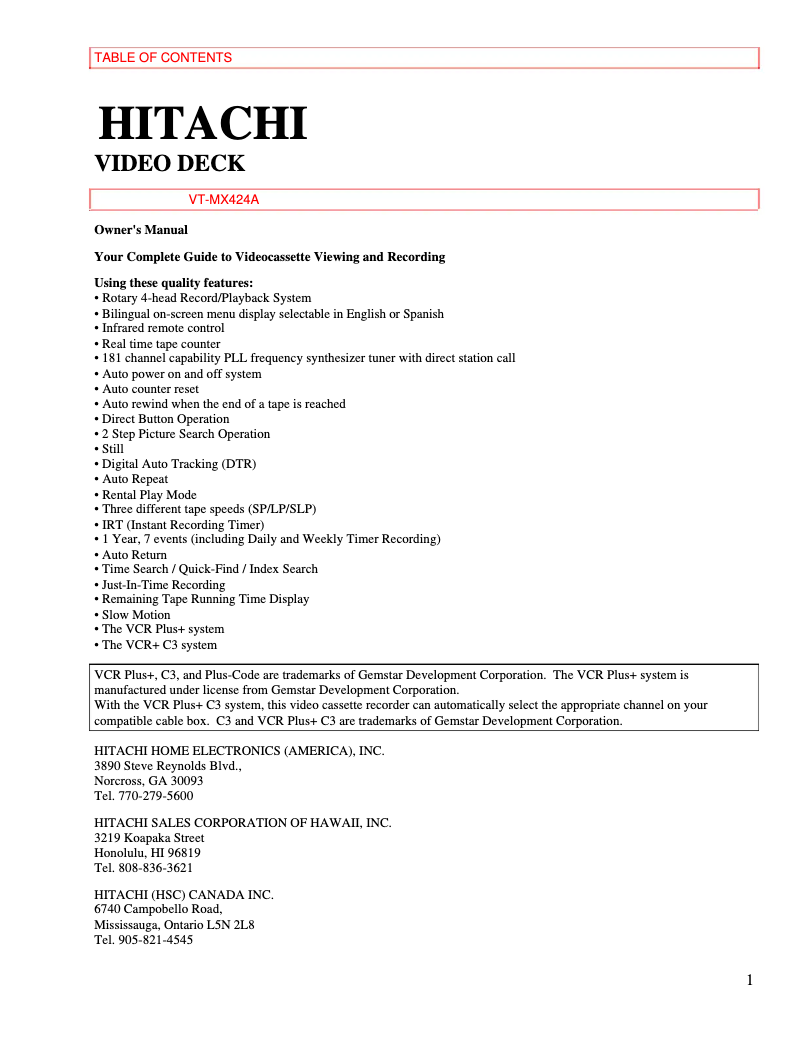 Page 1 de la notice Manuel utilisateur Hitachi VT-MX424A