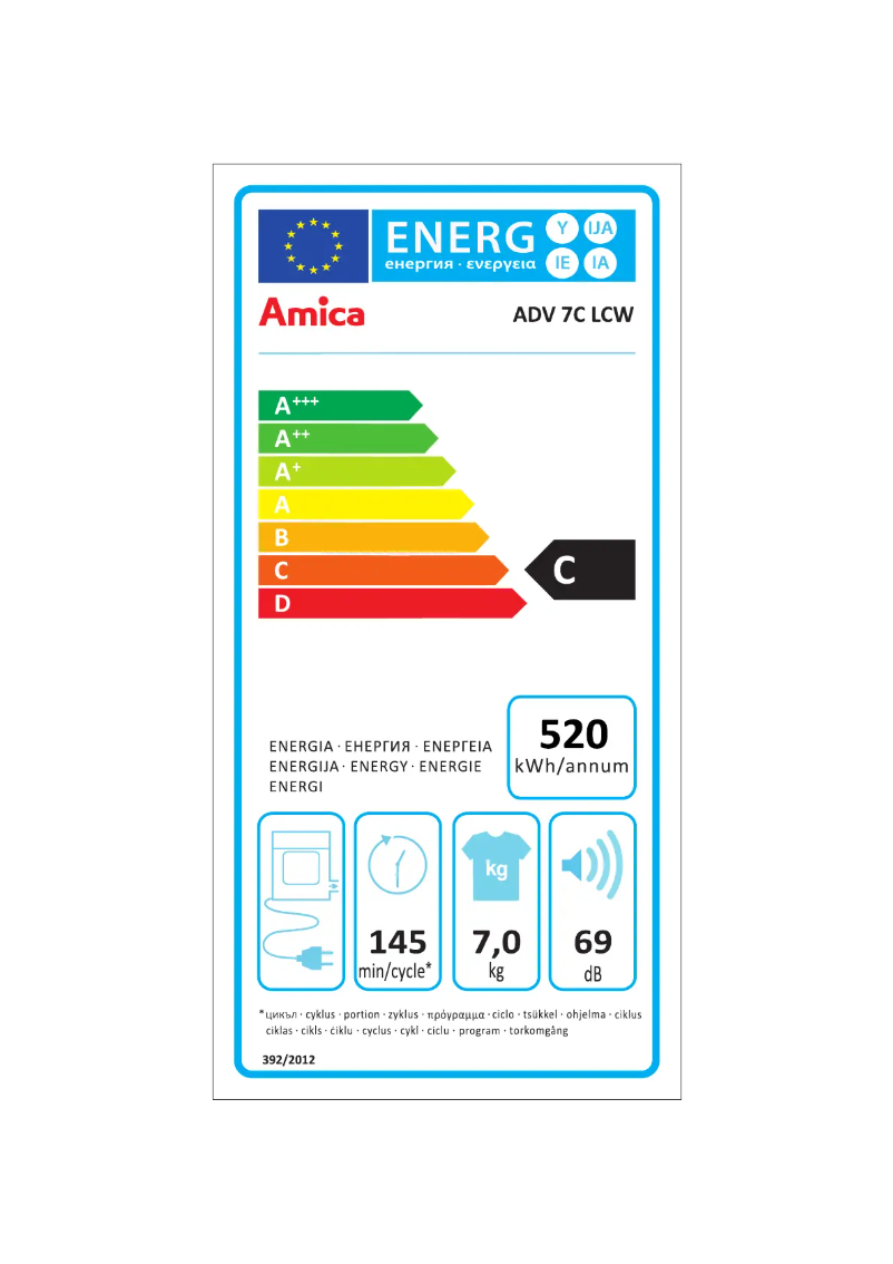 Page 1 de la notice Label énergétique Amica ADV7CLCW