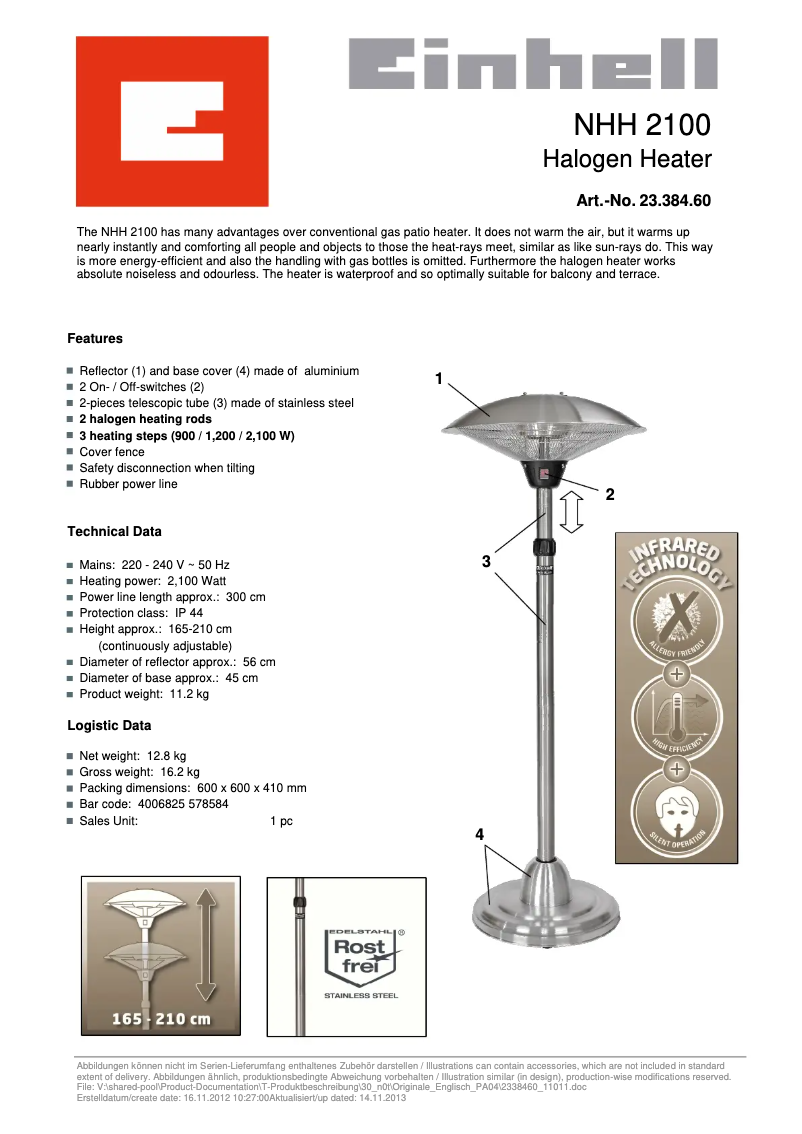 Page n°1 - Fiche technique Einhell NHH 2100