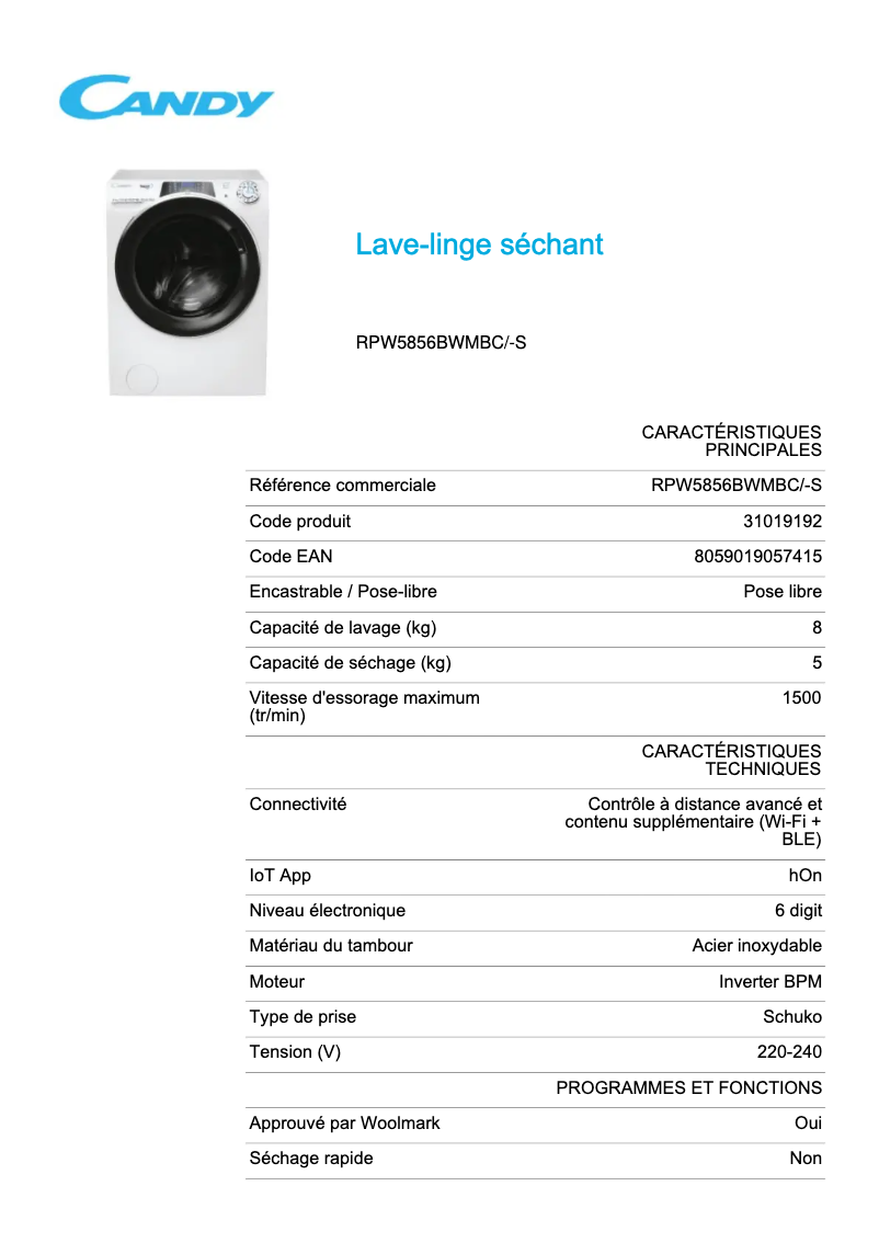 Page 1 de la notice Fiche technique Candy RPW5856BWMBC/-S