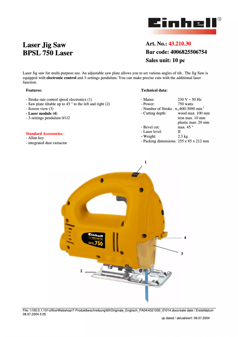 Page 1 of the manual User Manual Bavaria by Einhell Bavaria BPSL 750
