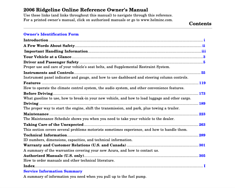 Image de la première page du manuel de l'appareil Ridgeline (2006)