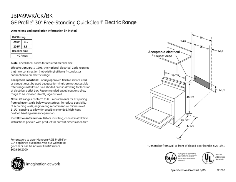 Page n°1 - Fiche technique GE Profile JBP49BKBB