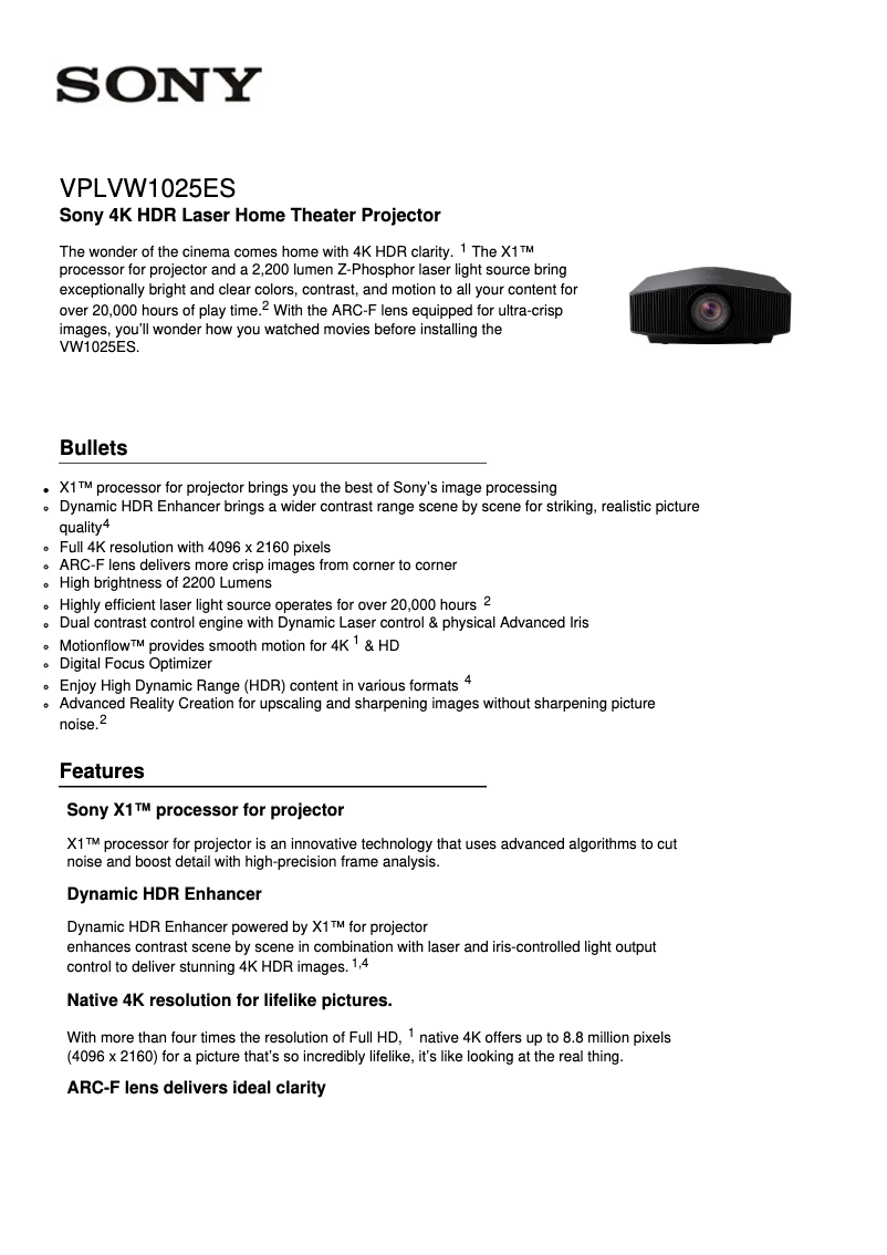 Page n°1 - Fiche technique Sony VPL-VW1025ES