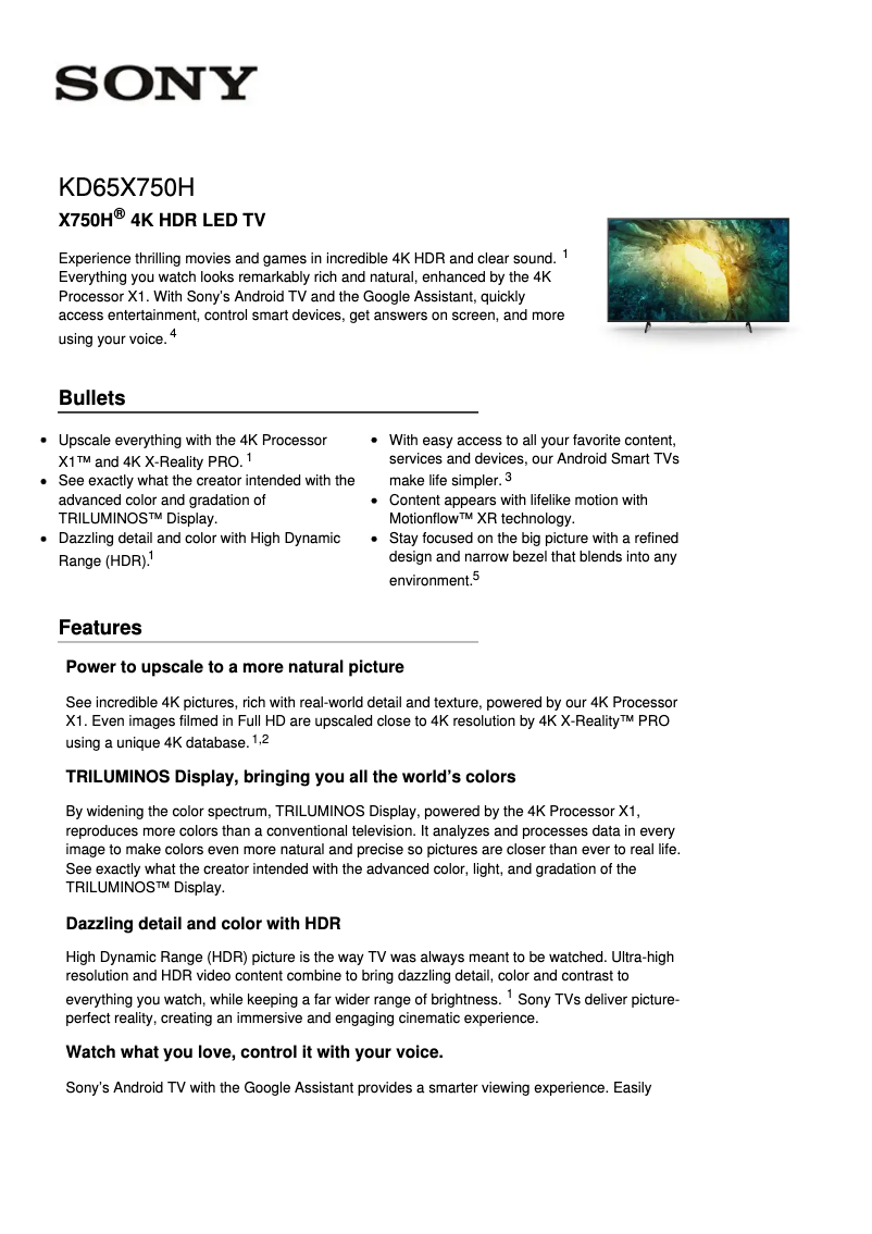Page 1 de la notice Fiche technique Sony KD65X750H