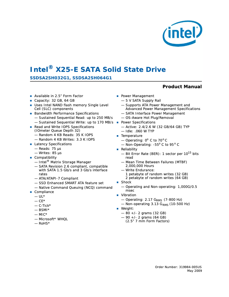 Page 1 de la notice Manuel utilisateur Intel X25-E SATA