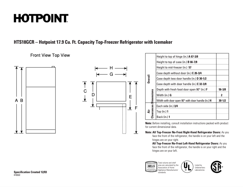 Página 1 del manual Ficha técnica Hotpoint HTS18GCRWW