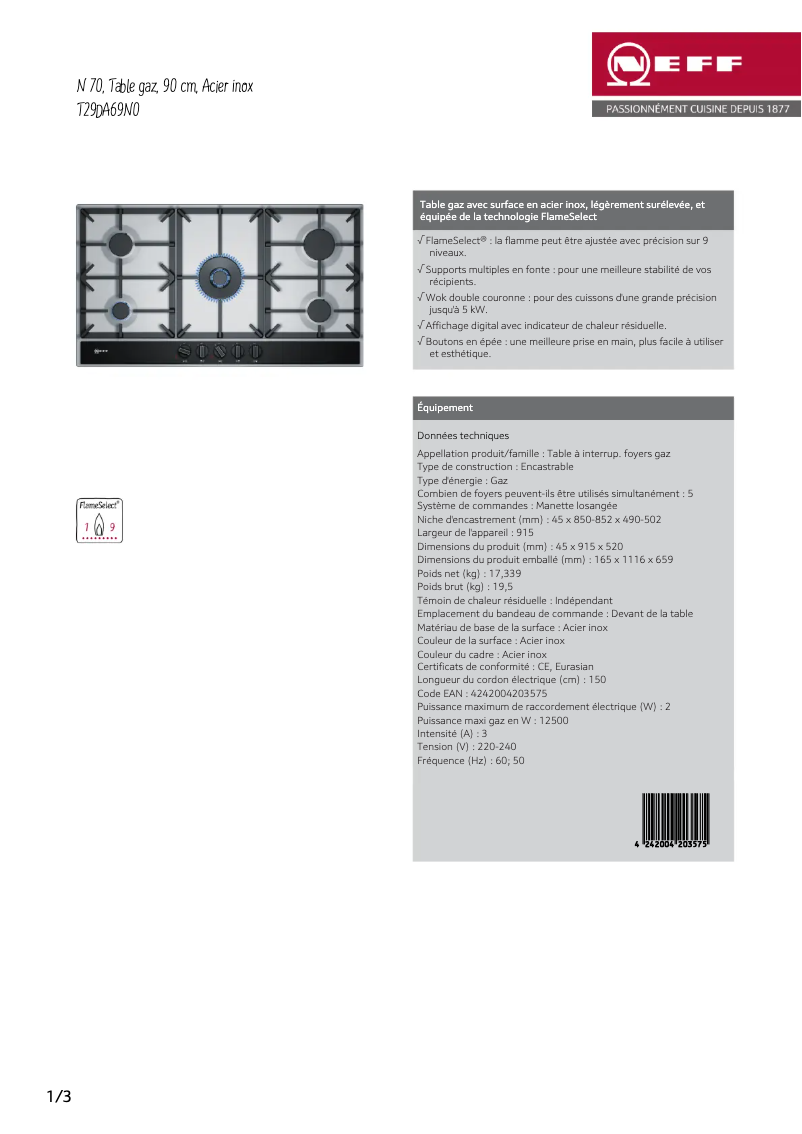 Page 1 de la notice Fiche technique Neff T29DA69N0