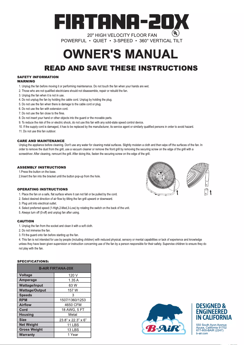 Page 1 de la notice Manuel utilisateur B-Air Firtana 20X