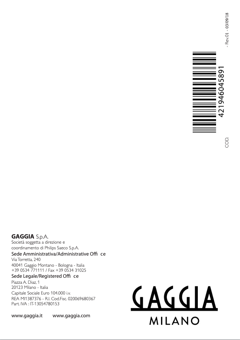 Page n°1 - Manuel utilisateur Gaggia New Classic RI9480