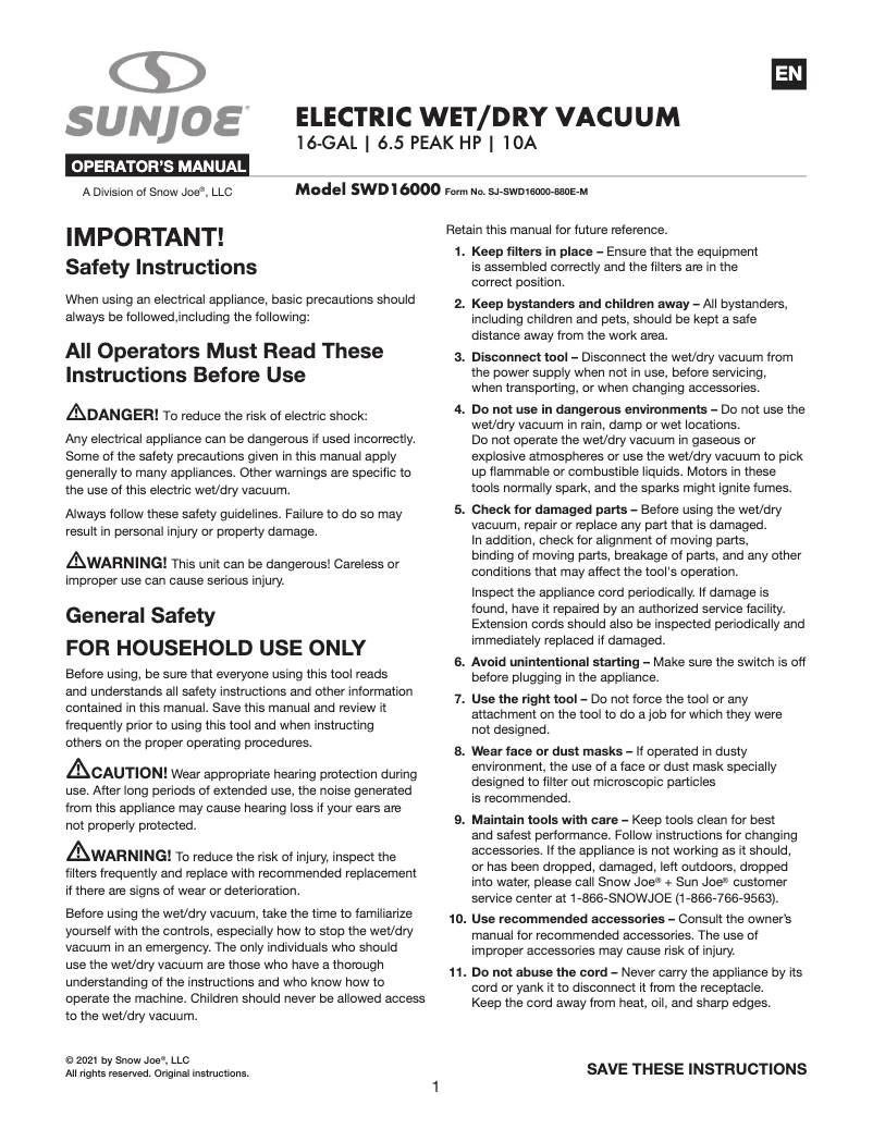 Page n°1 - Manuel utilisateur Sun Joe SWD16000