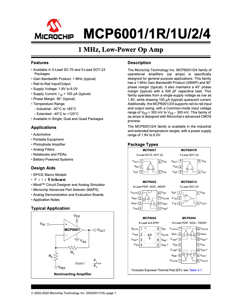Page 1 de la notice Fiche technique Microchip MCP6004