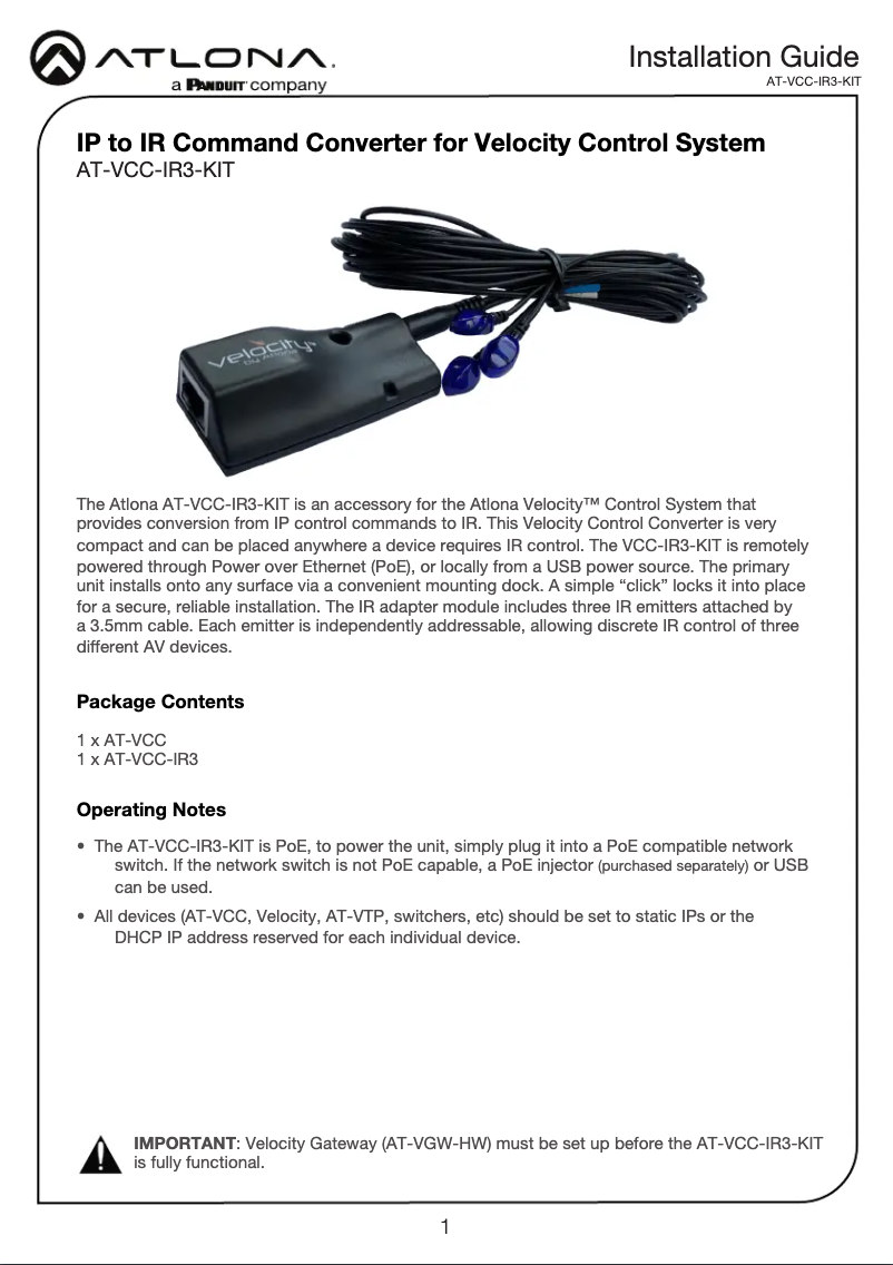 Page n°1 - Manuel utilisateur Atlona AT-VCC-IR3-KIT