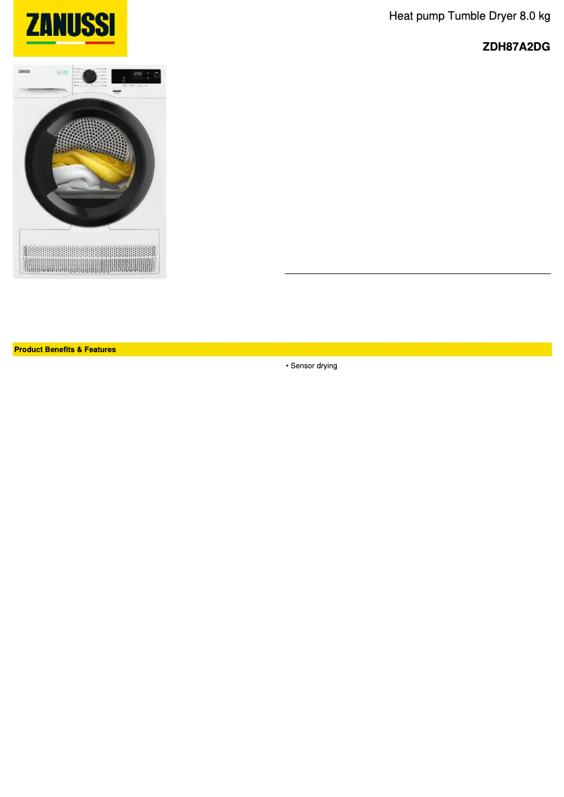 Page 1 de la notice Fiche technique Zanussi ZDH87A2DG