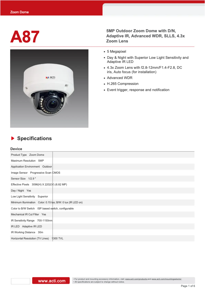Page 1 de la notice Fiche technique ACTi A87