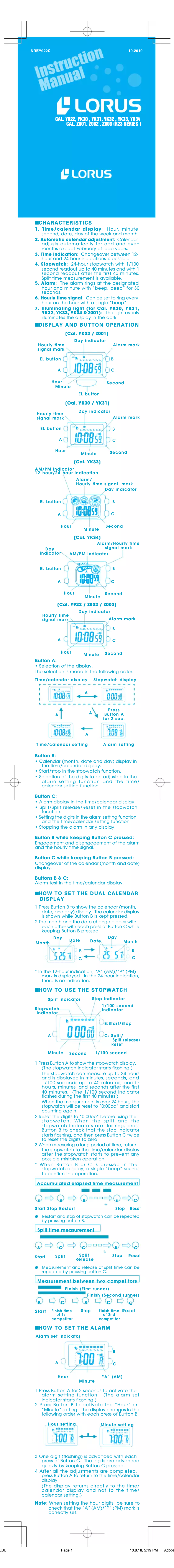 Page n°1 - Manuel utilisateur Lorus YK33