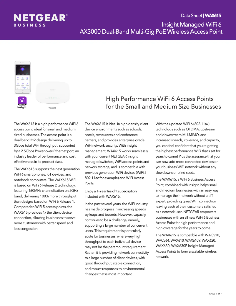 Page 1 de la notice Fiche technique Netgear WAX615