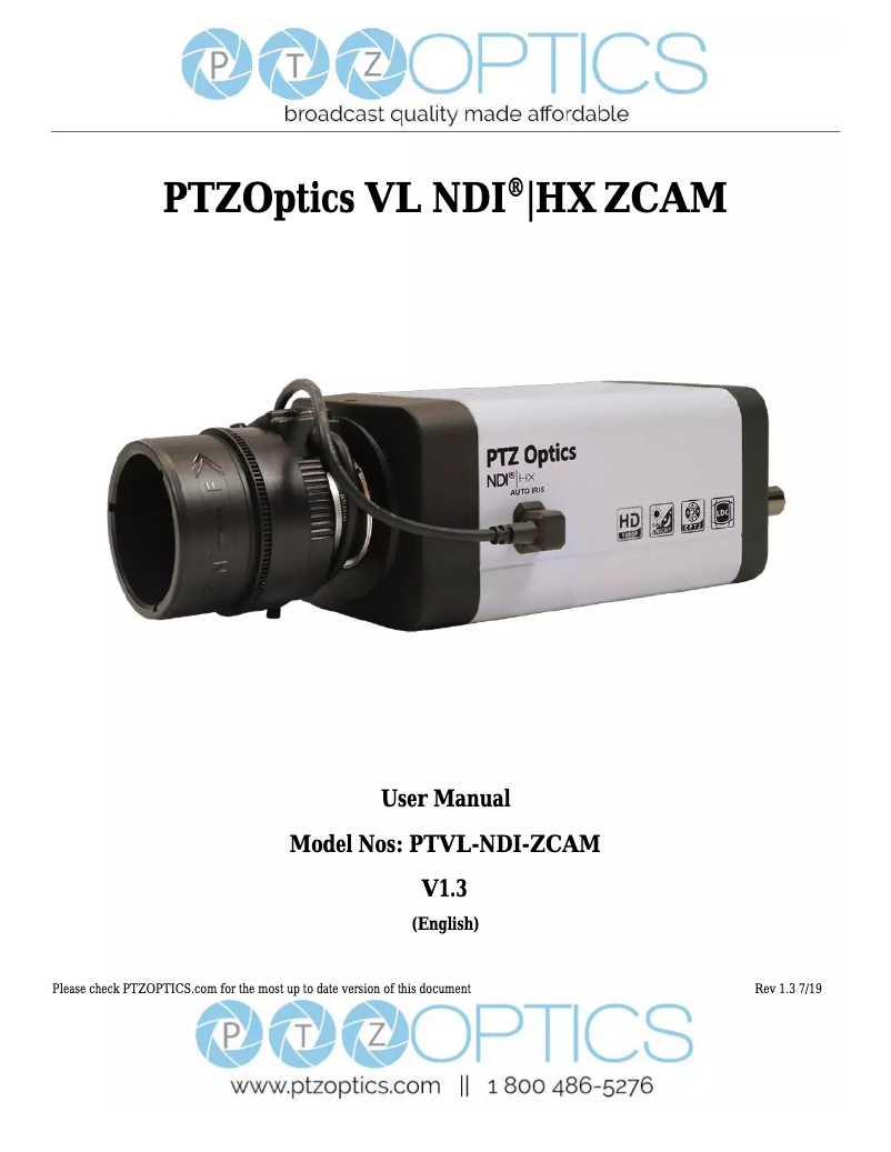 Page 1 de la notice Manuel utilisateur PTZ Optics NDI ZCam-VL