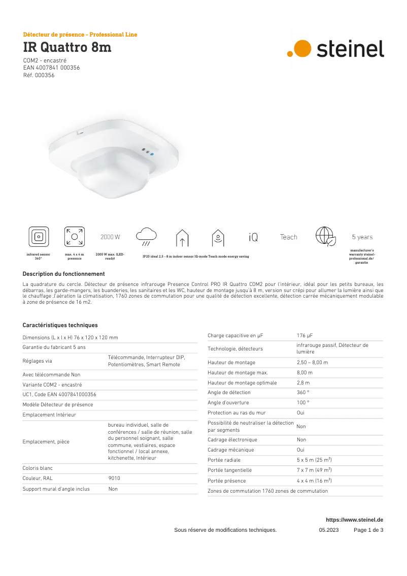 Page 1 de la notice Fiche technique Steinel IR Quattro COM2