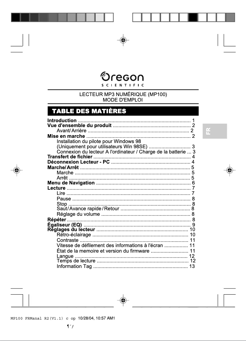 Page n°1 - Manuel utilisateur Oregon Scientific MP100