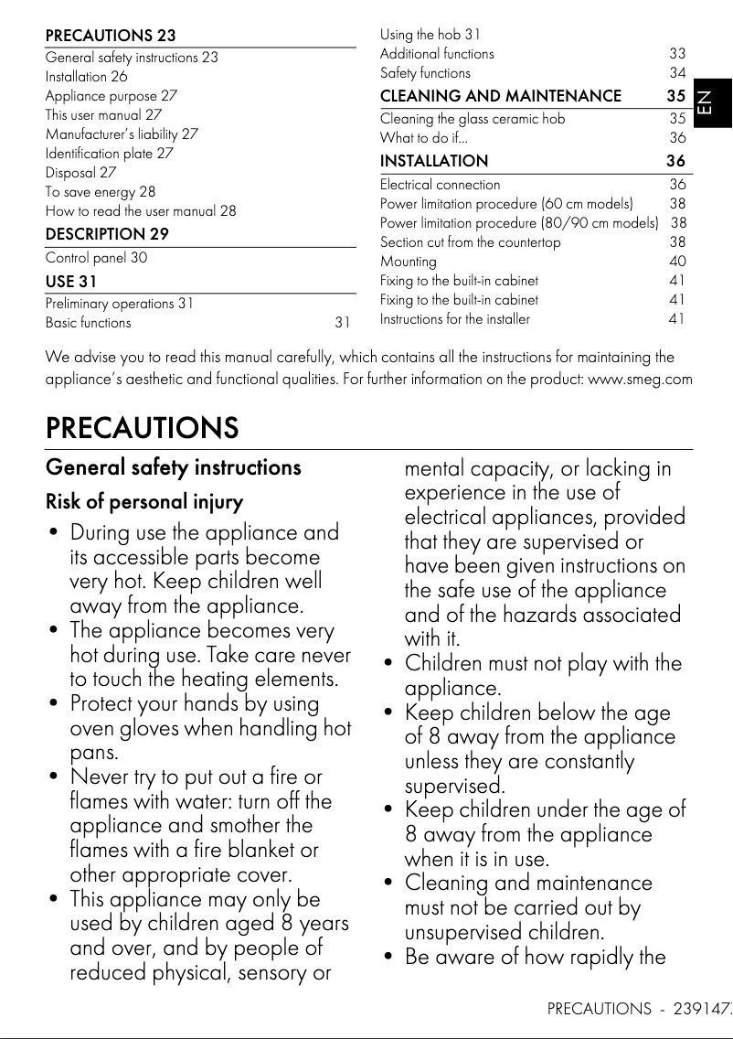 Page 1 de la notice Manuel utilisateur Smeg SE464TB