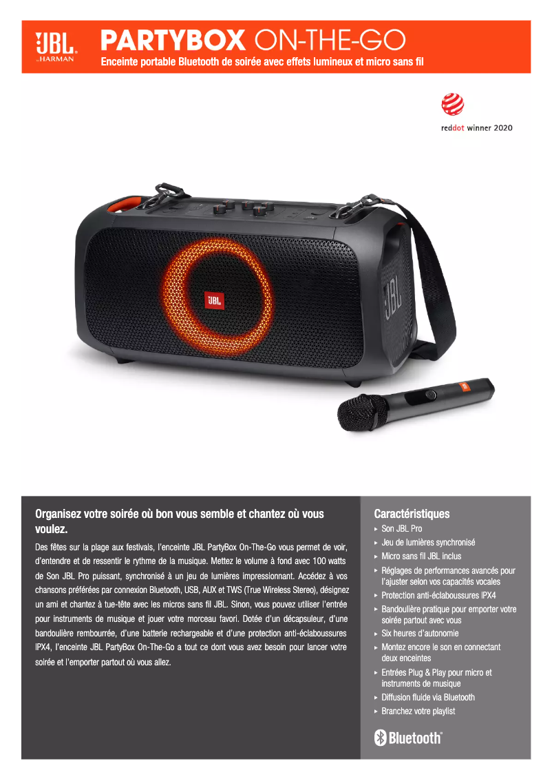 Page 1 de la notice Fiche technique JBL PartyBox On-The-Go