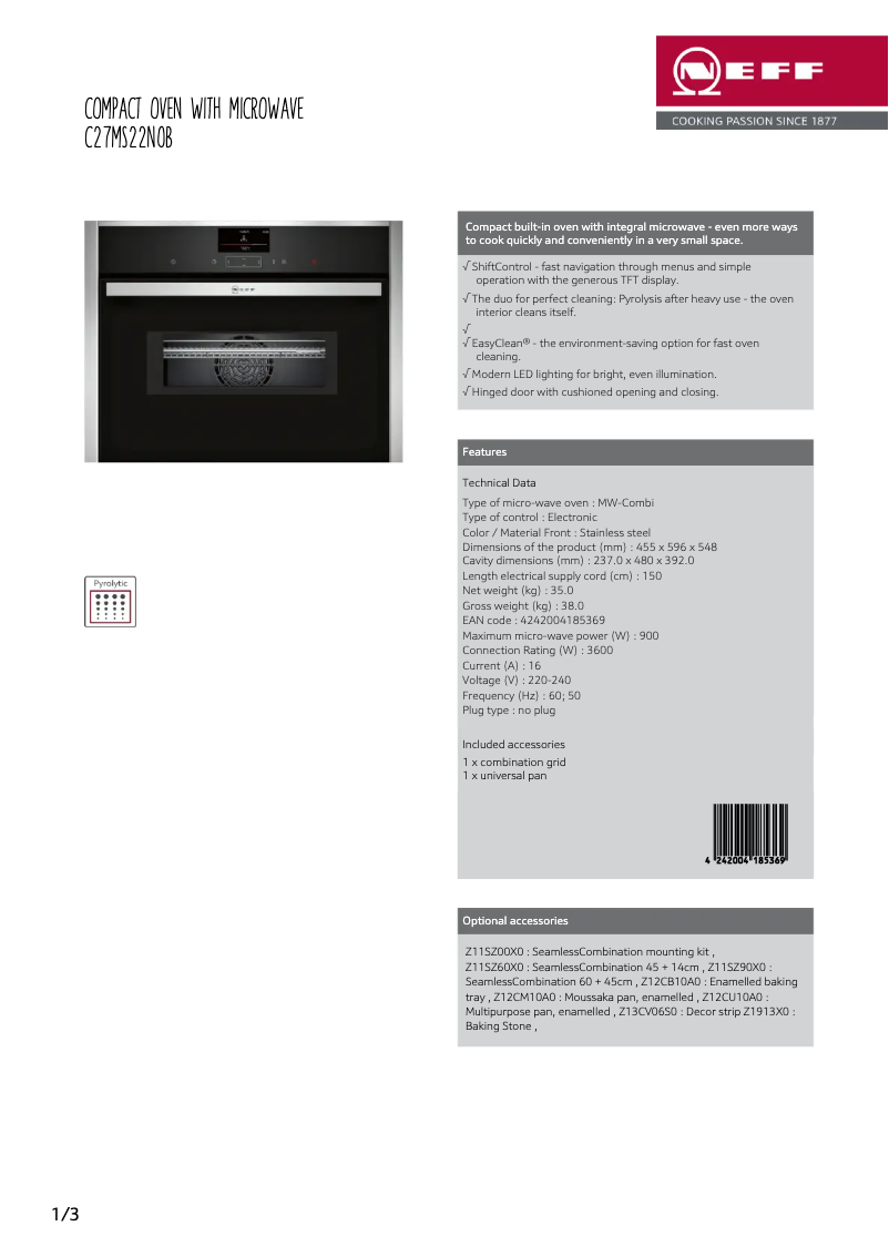 Page 1 de la notice Fiche technique Neff C27MS22N0B