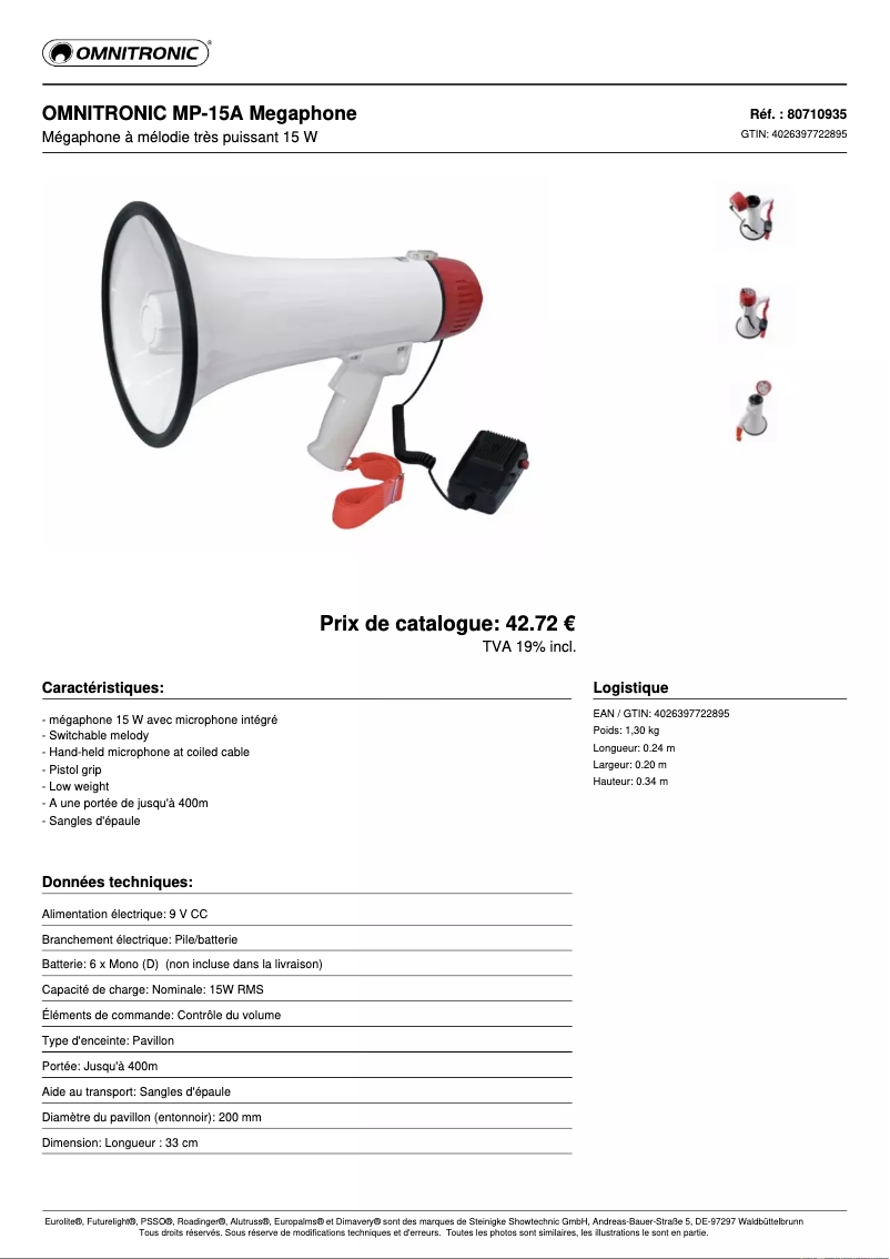 Page 1 de la notice Fiche technique Omnitronic MP-15A